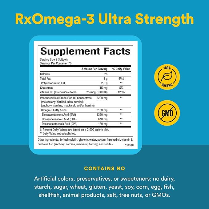 Natural Factors RxOmega-3 Ultra Strength Fish Oil with Vitamin D3, High Potency Formula, 2,150 mg, No Fishy Aftertaste, 150 Softgels