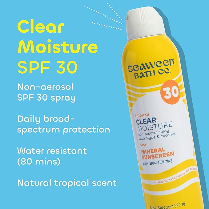 Seaweed Bath Co. Clear Moisture Mineral SPF 30 Broad Spectrum Sunscreen Spray - With Nourishing Algae, Coconut & Hyaluronic Acid - Tropical Scented - 6 oz (Pack of 2)