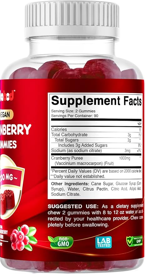Cranberry Gummies Urinary Tract Health Supplement - 1000mg - 180 Pectin Based Gummies