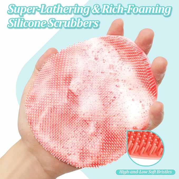Silicone Back/Body/Face Scrubber & Soft Bath Glove Set 4PCS, Gentle Exfoliating Back & Body Scrubber with Dual-Side Brush Head, Hand-fit Bath Glove & Face Scrubber for Deep Cleaning(Pink-4PC)
