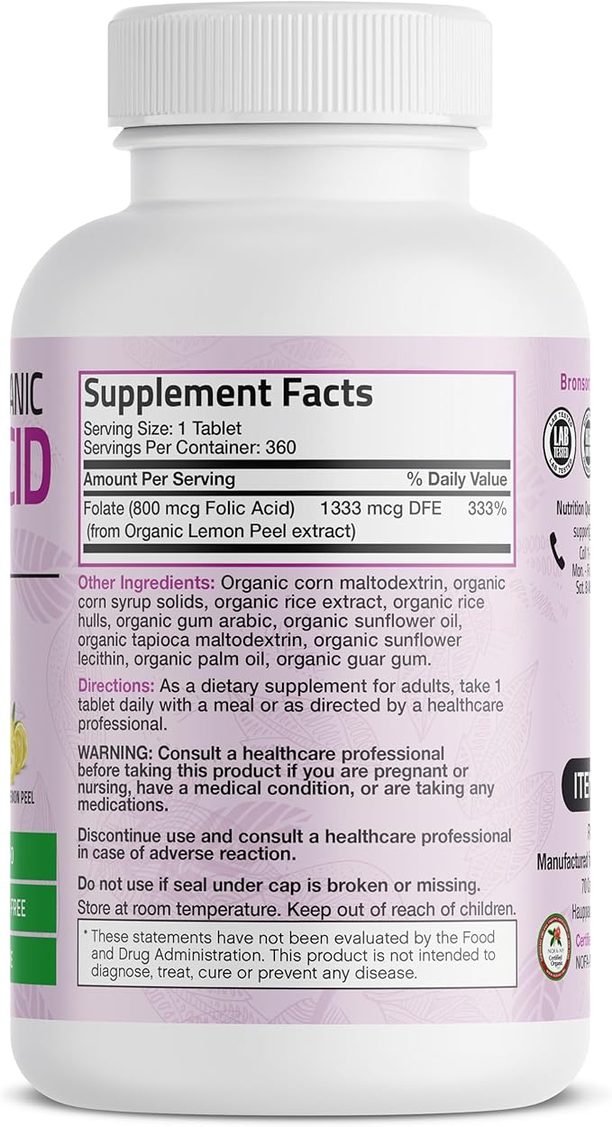 Bronson Organic Folic Acid (Vitamin B9 Folate) 800 mcg Folate from Lemon Peel 360 Tablets