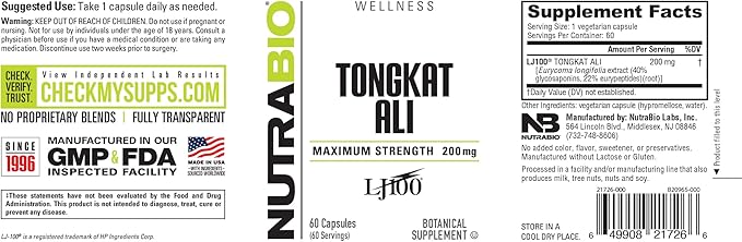 NutraBio Tongkat Ali Longjack 100 Supplement - Natural Support for Muscle Mass, Strength, Performance- Longjack Tongkat Ali for Men- 200mg per Capsule, 60 Servings