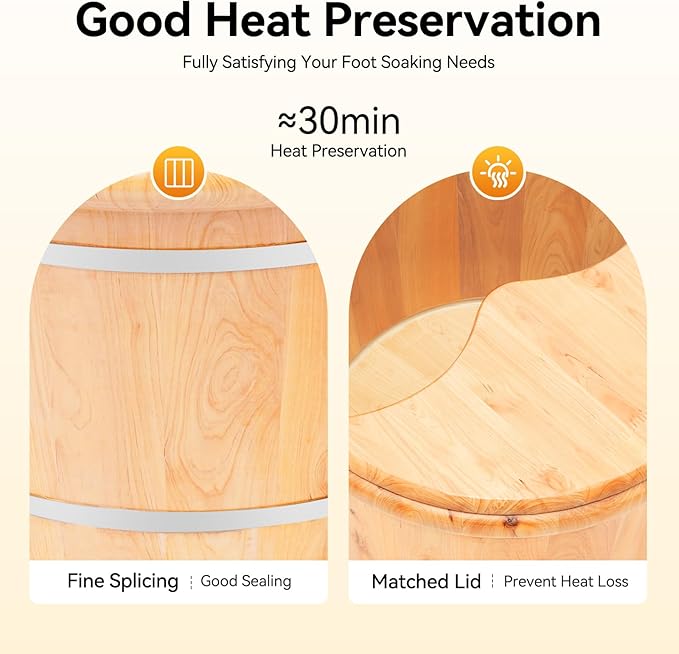 9.84in Tall Wood Foot Soaking Tub with Lid and Massage Roller, Pedicure Bowl for Feet, Portable Traditional Wood Foot Bath Basin for Massage Relaxing, Fatigue Relief