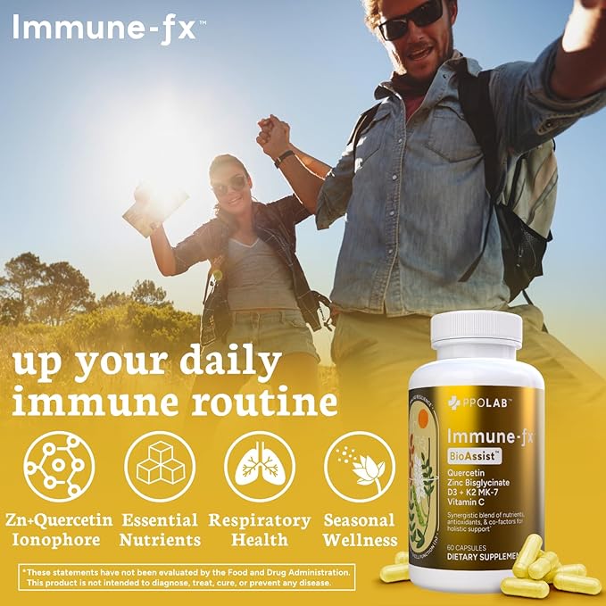 Immune-fx™ Advanced Chelated Zinc Ionophore Immune Support & Allergy Health Supplement, Quercetin 500mg, Antioxidant Vitamin C, D3, K2 MK7, Promotes DNA, Heart, Lung, Sinus Health, 60 Vegan Capsules
