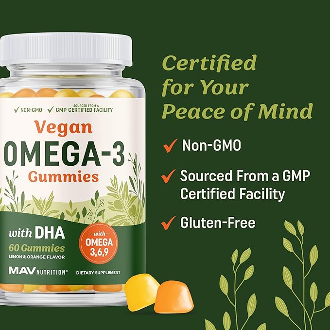 Omega 3 6 9 + DHA Gummies | Plant-Based Triple Omegas from Algae & Chia Seed Oil | with 50mg of DHA | Vegetarian, Non-GMO, Gluten-Free, Essential Fatty Acid Supplements for Adults | 60 Gummies