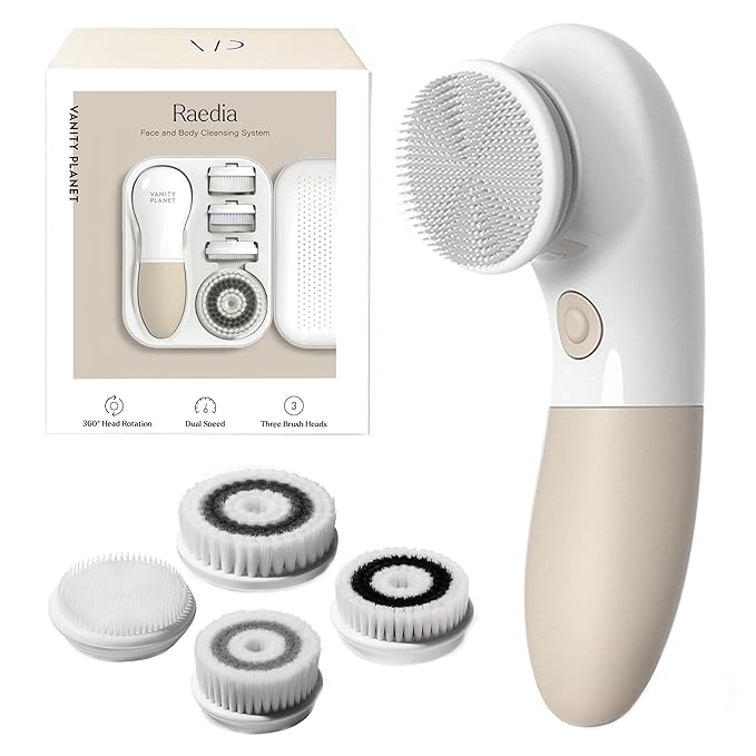 Raedia Handheld Facial Cleansing Brush with 4 Interchangeable Brush Heads by Vanity Planet - Lightweight Daily Cleansing Brush for Glowing Skin - Water Resistant Face Exfoliator - Warm Grey