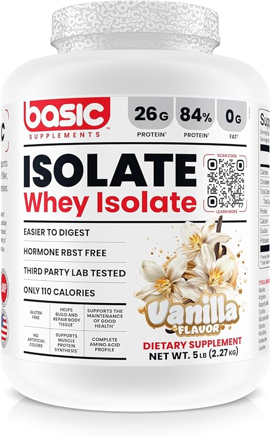 Basic Whey Protein Isolate, 26g Protein, 0g Fat, Gluten-Free, RBST-Free, Rapid Absorption, 110 Calories (5 Pound, Vanilla)