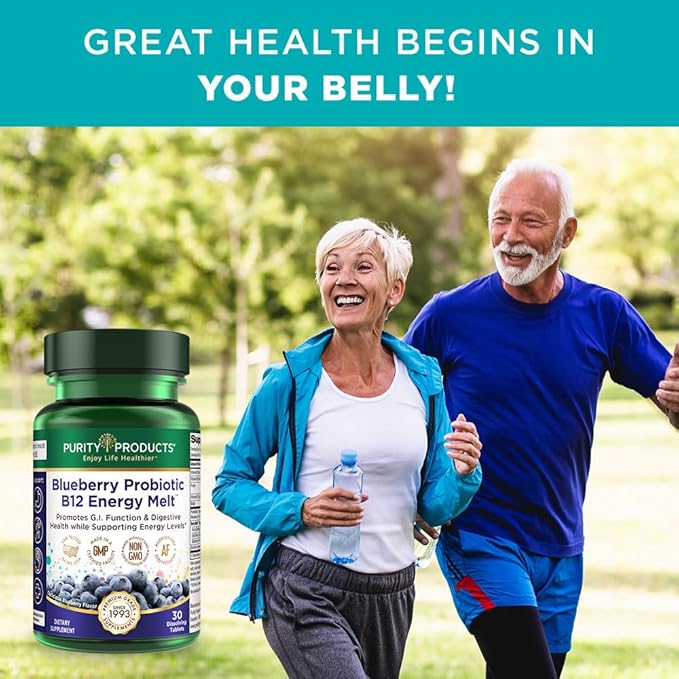 Purity Products Blueberry Probiotic B12 Energy Melt Clinical Probiotic - Organic Blueberries, Methylcobalamin B-12-30 Melts