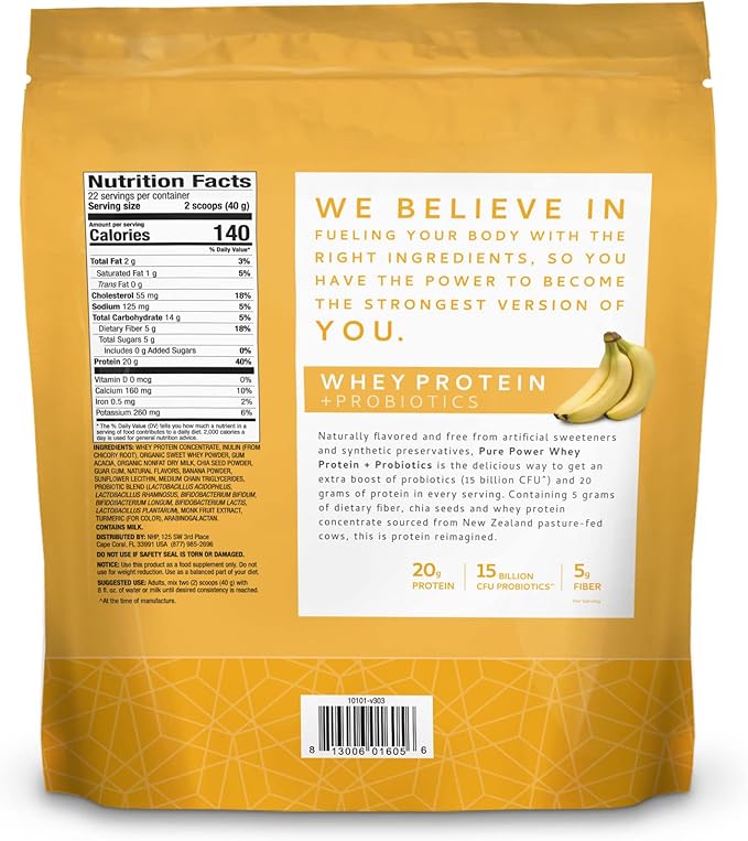 Dr. Mercola Pure Power Whey Protein + Probiotics - Supports Muscle Recovery & Digestive Health - Pasture-Raised Whey - MCTs & Fiber - Vanilla - 31 oz (22 Servings) - Banana