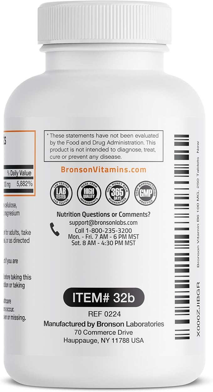 Bronson Vitamin B6 100mg Premium Vitamin B6 Supplement, 250 Tablets