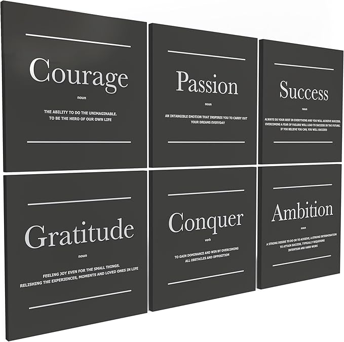6X Motivational canvas, wall art for bedroom and office, inspirational black and white canvas poster, motivational poster set, decor bundle for home, wall pictures for living room (6x - 16 X 16 in)