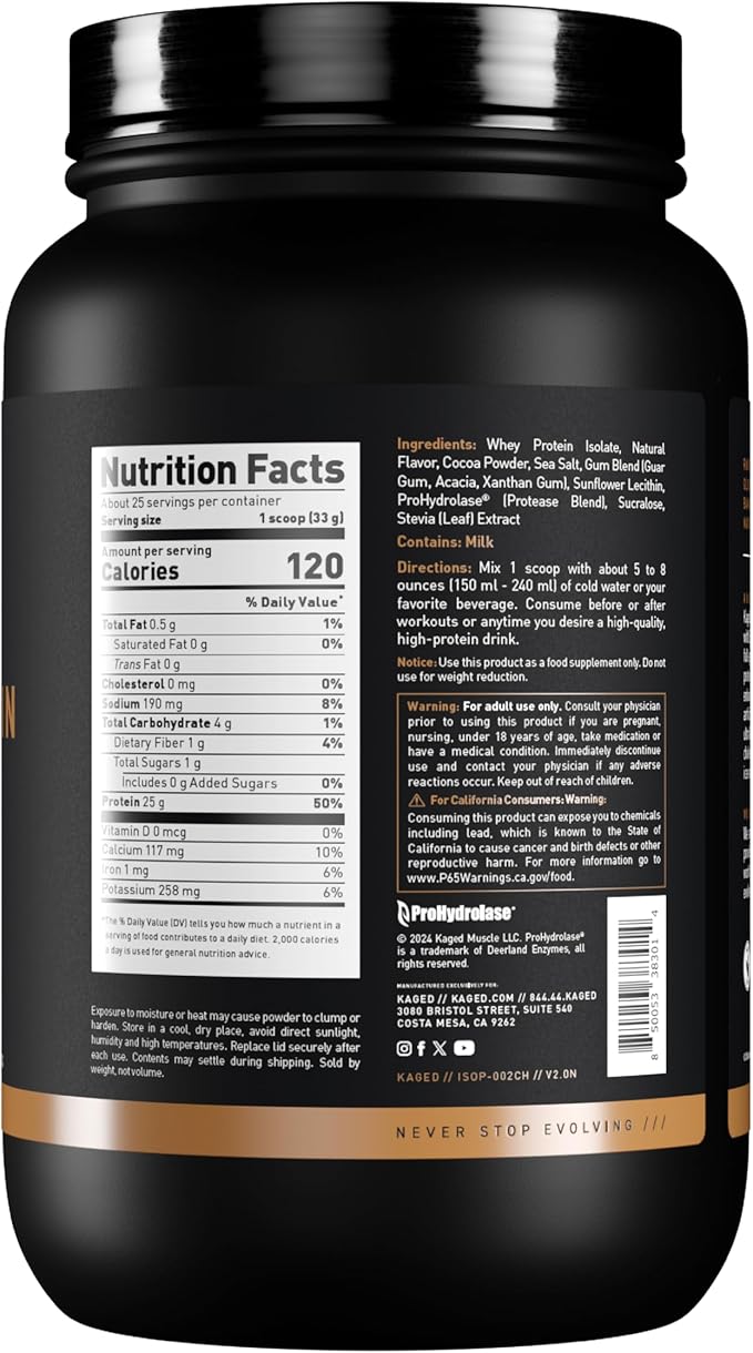 Kaged Whey Protein Isolate Powder | Chocolate | 100% Pure Low Lactose Whey | Post Workout Recovery Drink | Supports Muscle Building | Supplements for Men & Women | 41 Servings
