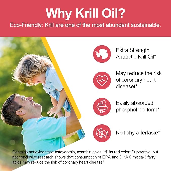 Krill Oil 1000 mg 240 Softgels with Omega-3s EPA, DHA, Astaxanthin and Phospholipids Supplement, Antarctic Krill No Fishy Aftertaste for Joint, Heart, Brain and Immunity - 2 Bottles