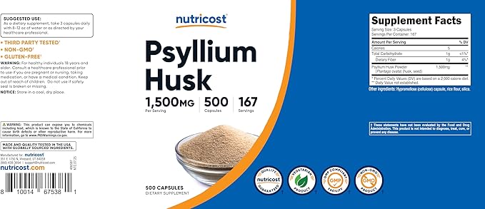 Nutricost Psyllium Husk 1500mg Per Serving, 500 Capsules - Non-GMO & Gluten Free