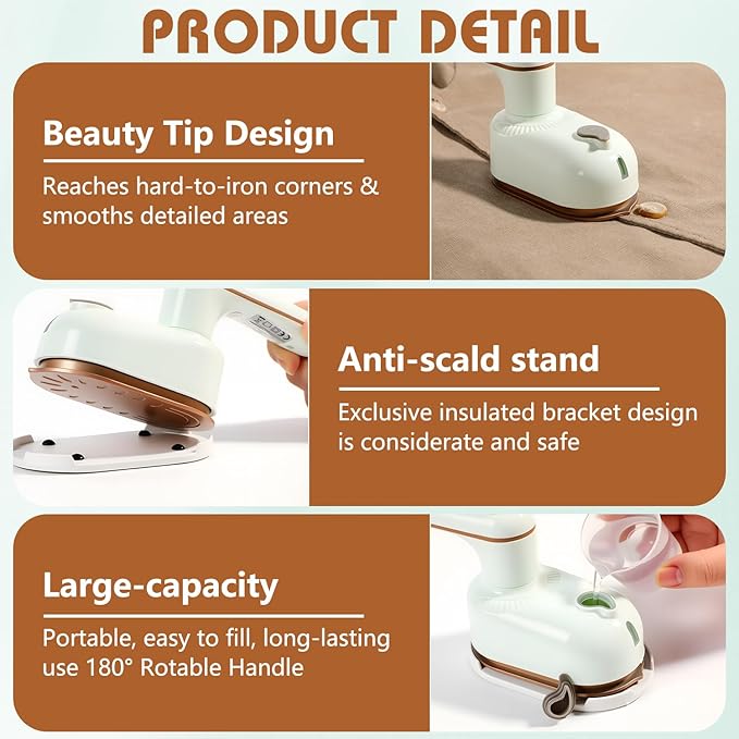 Handheld Portable Steam Iron,Saker Portable Steamer for Clothes,2-In-1 Steamer and Iron,180° Swivel Handle,Lightweight & Compact, Mini Travel iron for Home, Dorm (Green)