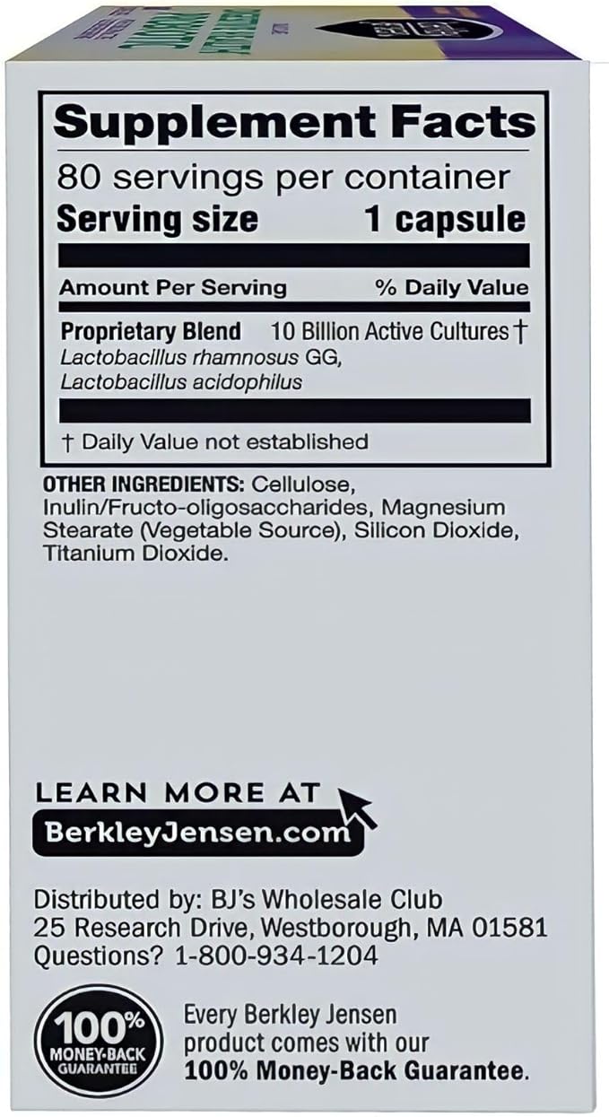 berkley jensen Daily Care Digestive Health Probiotics for Women & Men - Advanced Formula with Lactobacillus Rhamnosus GG & Lactobacillus Acidophilus - for Immune Support & Gut Health - 80 Capsules