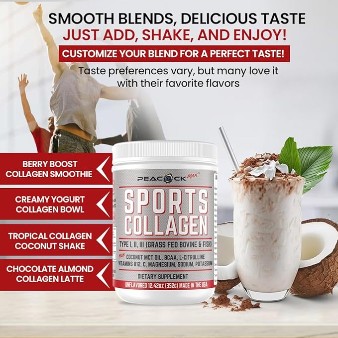 Sports Collagen Electrolytes Powder, 12.42 oz - Grass Fed Bovine & Wild Fish Hydrolyzed Type I, II, III Multi Collagen Peptides for Electrolyte Drinks, Unflavored Protein Powder with BCAA, Magnesium