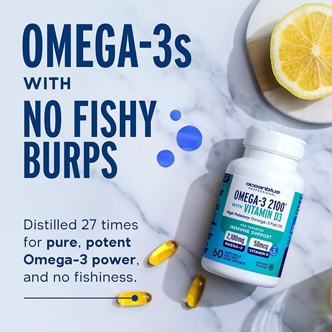 Oceanblue Professional Omega-3 2100 with Vitamin D3 – 120 ct - 2pack – Triple Strength Burpless Fish Oil Supplement with High-Potency EPA, DHA, DPA and Vitamin D3 – Wild-Caught – Orange Flavor