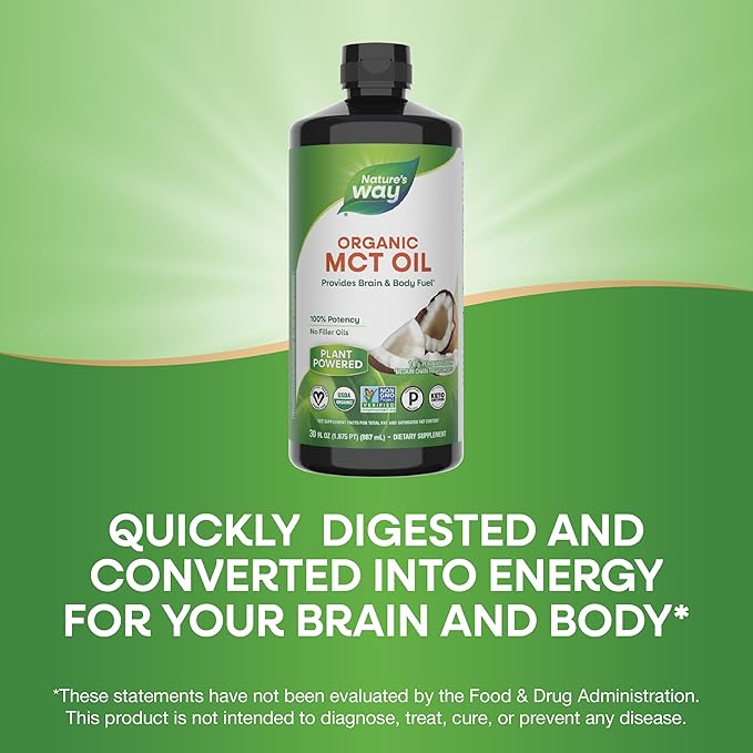 Nature's Way Organic MCT Oil, 30 Fl Oz, Brain and Body Fuel from Coconuts*, C8 Caprylic Acid and C10 Capric Acid, Keto and Paleo Certified, Organic, Non-GMO Project Verified