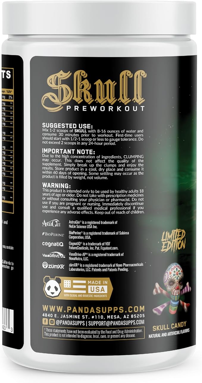 Underground Bio Labs/Panda Supps Skull Nootropic Pre-Workout, Three Caffeine Sources for Tunnel Vision Focus, Massive Pumps, Unparalled Energy (40 Scoops) (Lemon Key Lime Cherry)