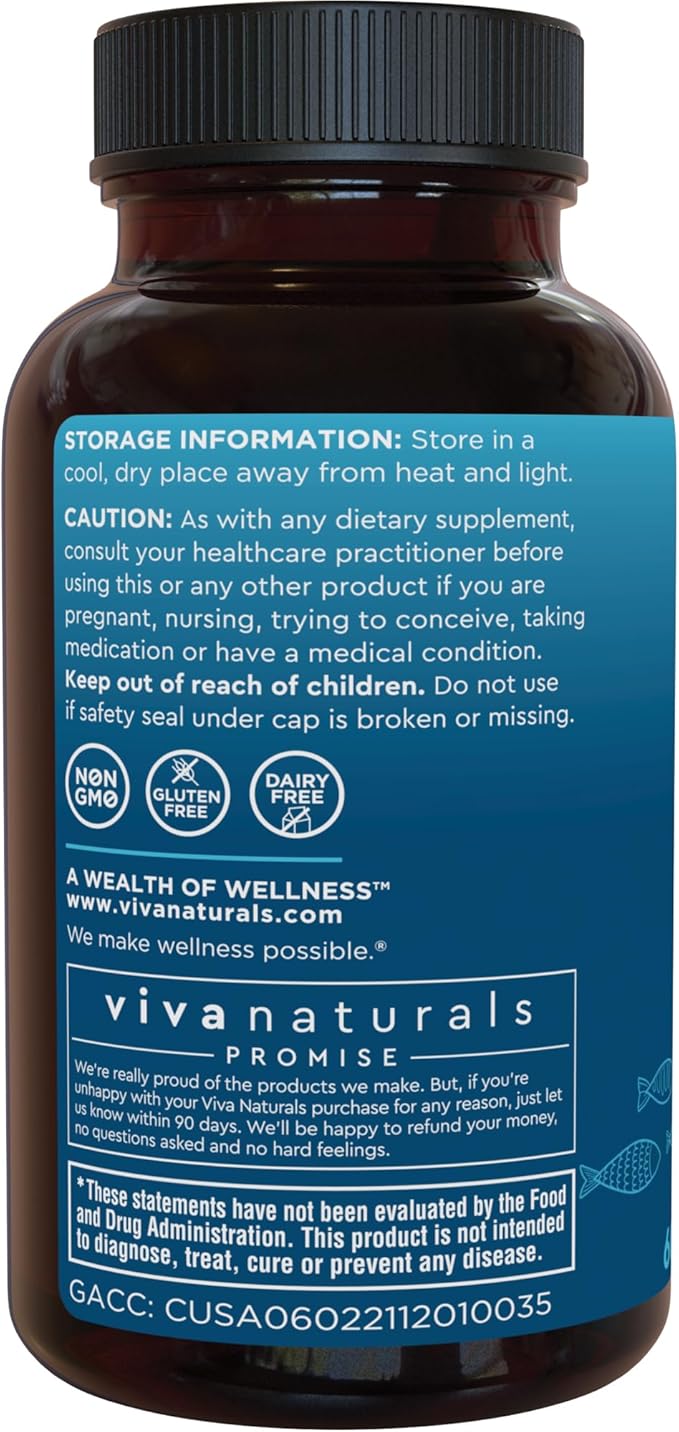 Viva Naturals Triple Strength Omega 3 Fish Oil Supplement - 2500 mg Fish Oil with Re-Esterified Omega 3 Fatty Acids Including EPA, DHA DPA - 60 Pescatarian-Friendly Softgels