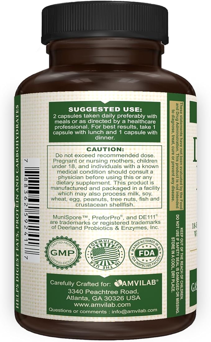 Digestive Enzymes Plus Probiotics.18 Broad Spectrum Digestive enyzme Blend with 5 probiotic strains Plus prebiotic and postbiot Support. - 60 Vegetarian Capsules