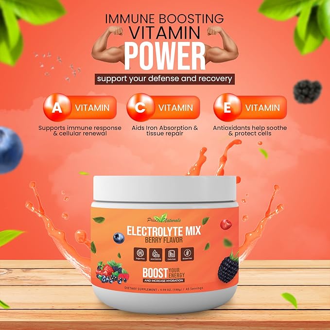 Electrolyte Powder - Refreshing Workout Recovery Electrolytes, Sugar Free, Gluten Free & Vegan, Pure Keto & Paleo Hydration Beverage, Immune Boosting Vitamins (198 Grams, Berry)