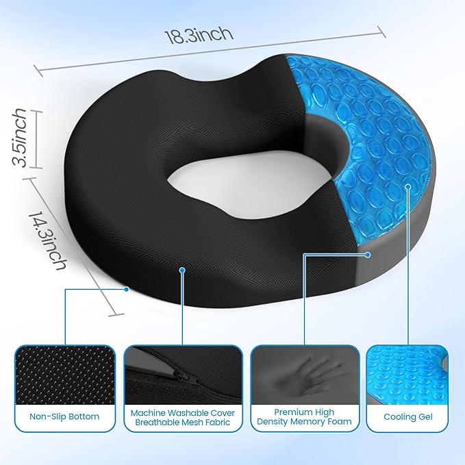 Donut Pillow Seat Cushion - Cooling Gel Floor Pillow, Memory Foam Floor Cushion for Office & Home, Car Seat, Hemorrhoids Pillow, Sciatica & Tailbone Pain Relief Chair Cushion, Black-XL
