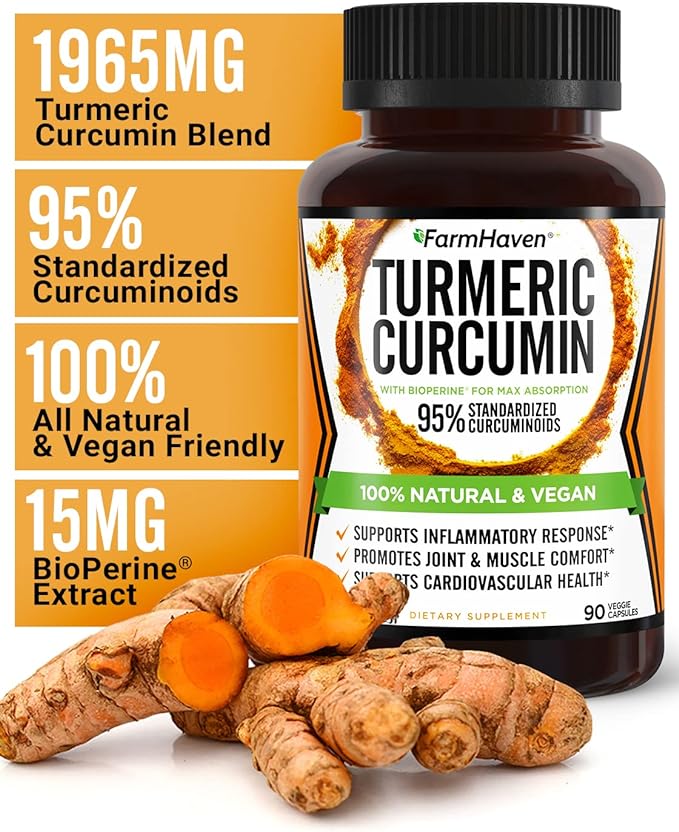 Turmeric Curcumin with BioPerine Black Pepper & 95% Curcuminoids, 1965mg, Maximum Absorption for Joint Support, Non-GMO Turmeric Capsules, Made in USA - 90 Veg Caps