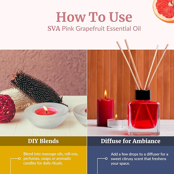 SVA Grapefruit Essential Oil Pink – 4 Fl Oz – 100% Natural Grapefruit Oil - for Diffuser, Hair Care, Face, Skin Care, Aromatherapy, Scalp and Body Massage, Soap and Candle Making - with Dropper