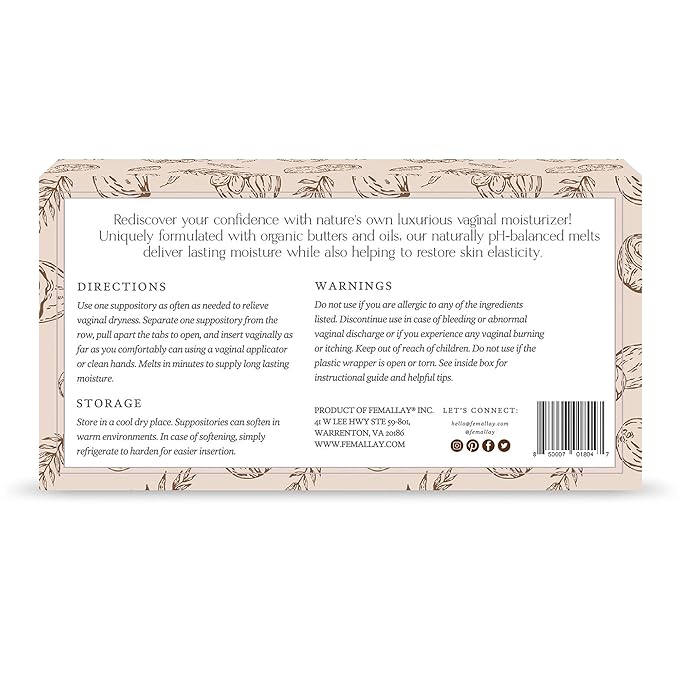 Femallay Organic Vaginal Moisturizing Suppository Melts - 100% Natural Suppositories for Vaginal Odor and Dryness Relief, Ultra-Hydrating Fast-Acting Comfort (Coconut)