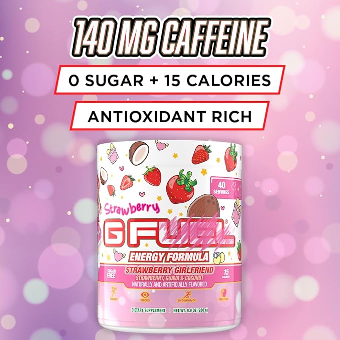 G Fuel Strawberry Girlfriend Energy Drink Powder, Pre Workout Caffeine Mix for Gaming, Sugar Free Focus Amino + Antioxidants, 9.9oz (Strawberry Guava, Coconut, 40 Servings)