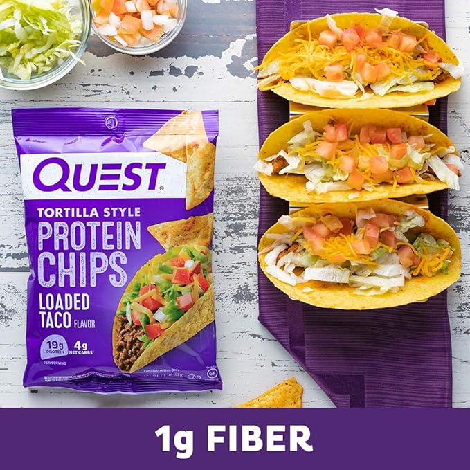 Quest Nutrition Loaded Taco Tortilla Style Protein Chips, 19g Protein, 4g Net Carb, Low Carb, Gluten Free, 1.1 oz (Pack of 12)