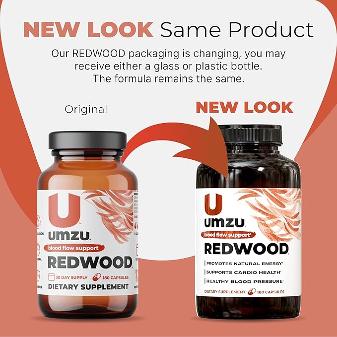 UMZU Redwood Blood Flow Nitric Oxide Supplement for Men & Women, Blood Pressure, Circulation, Stamina, Energy (1-Month Supply | 180 Capsules)