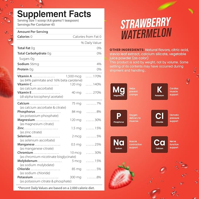 Electrolyte Powder - Refreshing Workout Recovery Electrolytes, Sugar Free, Gluten Free & Vegan, Pure Keto & Paleo Hydration Beverage, Immune Boosting Vitamins (198 Grams, Strawberry Watermelon)