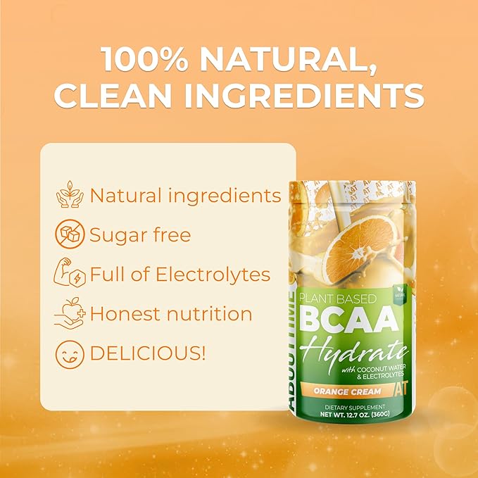 About Time BCAA Hydration Powder Orange Cream, with L-Glutamine & Electrolytes, Non-GMO, Gluten Free, Monk Fruit, Coconut Water, 20 Servings