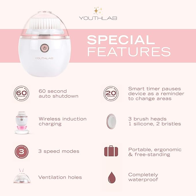 YouthLab Pure Radiance, Vibrating Facial Cleansing Brush, Electric, 3 Modes, 3 Brush Heads (2 Bristle,1 Silicone), Waterproof, Rechargeable, Smart Timer, Exfoliating, Massage (Rose Gold)