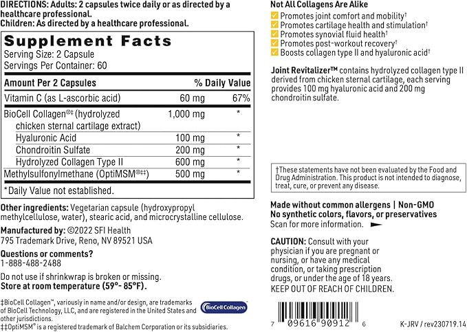 Klaire Labs SFI Health Joint Revitalizer - Patented Hydrolyzed Collagen Peptide Formula with Chondroitin, MSM & Hyaluronic Acid, Hypoallergenic Connective Tissue Support (120 Capsules)
