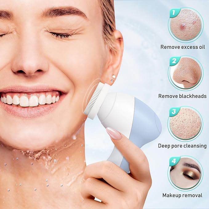 COSLUS Powered Facial Cleansing Brush: Rechargeable Electric Face Cleanser for Sensitive & Acne-Prone Skin, 3 Brush Heads, 3 Speeds, 2-Direction Rotation, for Men Women IPX7, Deep Cleaning Blue