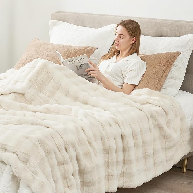Cozy Bliss Fluffy Faux Fur Throw Blanket for Couch,Lightweight Cozy Soft Cream White Throw Blankets for Sofa Bed Living Room,60x80 Inches