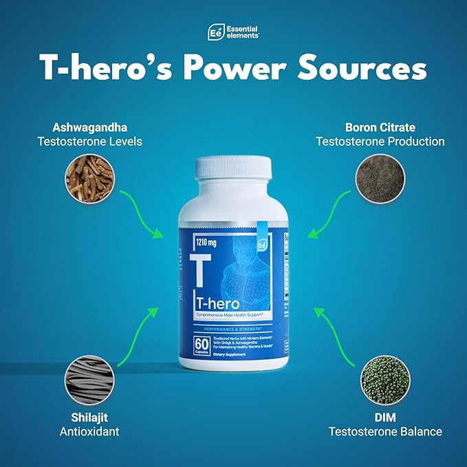 Essential Elements Male Health Supplement - Muscle Support & T-Health with DIM, Ashwagandha, Shilajit, More | T-Hero 60 Vegan Capsules (3-Pack)