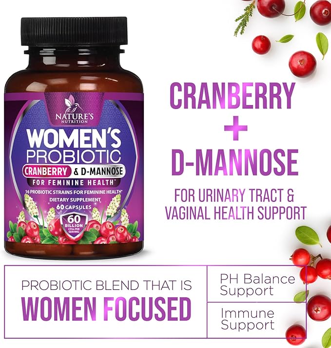 Probiotics for Women 60 Billion CFU - 16 Strains, Prebiotics & Cranberry, PH Balance, Digestive Health, Vaginal & Immune Support, Womens Probiotic for Gut Health, Shelf Stable - 60 Capsules