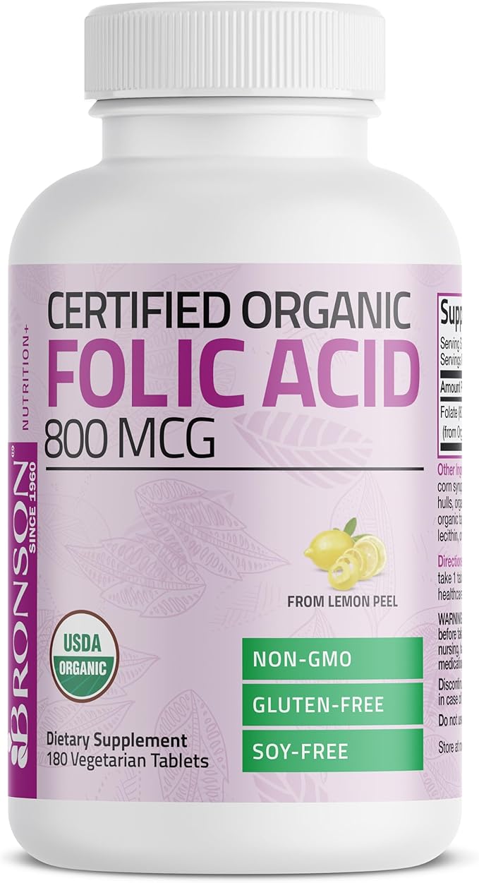 Bronson Organic Folic Acid (Vitamin B9 Folate) 800 mcg Folate from Lemon Peel, 180 Tablets
