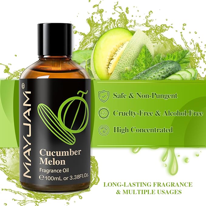 100ML/3.38FL.OZ Cucumber Melon Fragrance Oils with Glass Dropper, Essential Oils for Diffusers for Home, Long Lasting Scented Oils for Diffusers Soap Candle Making