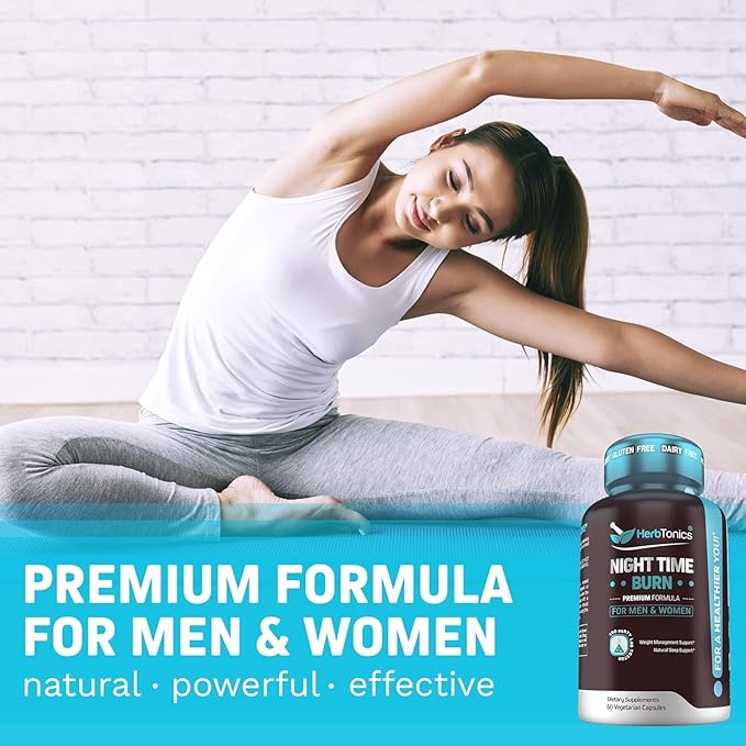 Herbtonics Night Time Burn & Sleep Complex Supports Overnight Metabolism, Stress Relief & Deep Sleep. Includes Melatonin, Valerian and Green Tea – Vegan Bedtime Weight Management (60 Capsules)