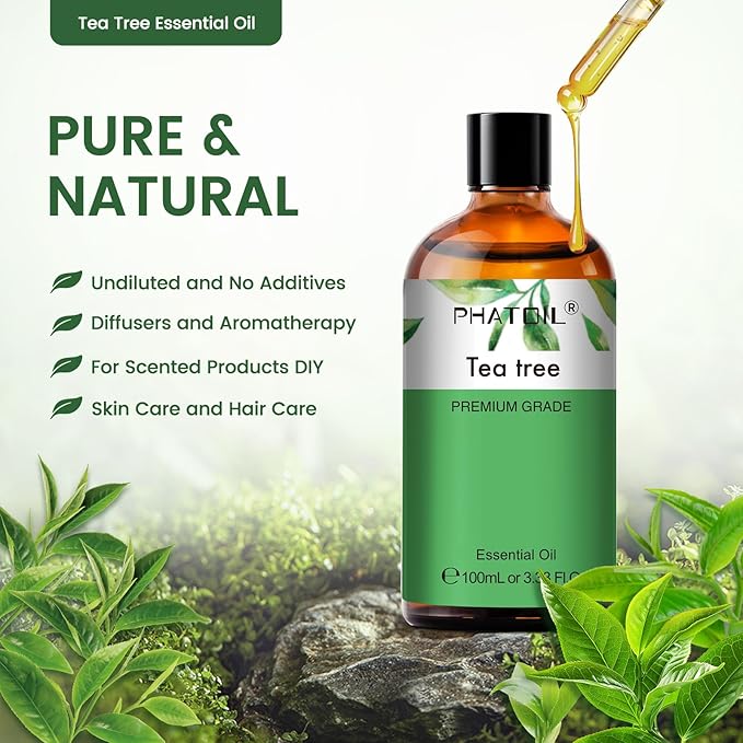 Pure Tea Tree Essential Oil, 100% Pure Therapeutic Grade Premium Oil for Hair Care, Nail Care, Skin Care, Aromatherapy 3.38Fl Oz