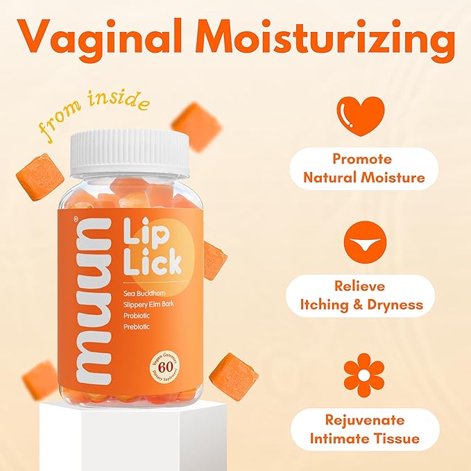 Muun Vaginal Dryness Gummy for Perimenopause Menopause with Slippery Elm Bark, Omega 6, 7, & 9, 3 Billion CFUs Probiotic, Prebiotic- Estrogen Free, Hormone Free Vaginal Moisturizer