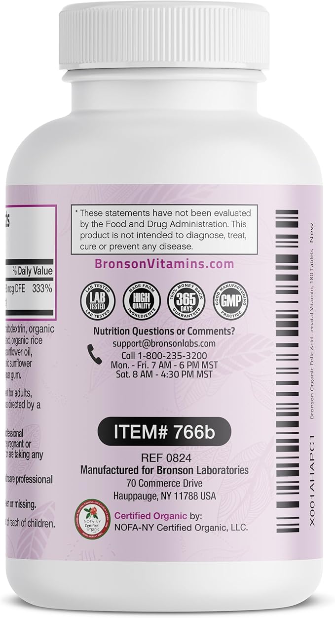 Bronson Organic Folic Acid (Vitamin B9 Folate) 800 mcg Folate from Lemon Peel, 180 Tablets
