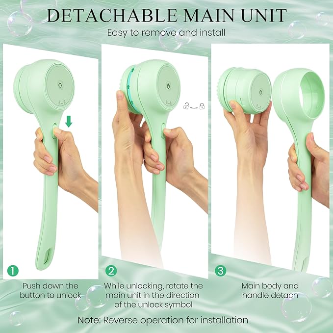 Electric Body Brush Back Scrubber for Shower, Dual Handle Auto Spinning Exfoliating Massage Bath Brush with 5 Brush Heads, Deep Cleansing, Waterproof, Rechargeable Rotating Body Brushes