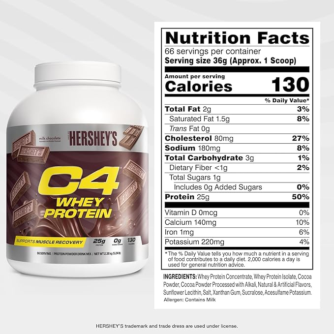 Cellucor C4 Whey Protein Powder, Hershey's Chocolate - 25g Protein, 0g Added Sugar, 130 Calories Per Serving, Supports Muscle Recovery, 66 Servings, Premium Whey for Post-Workout